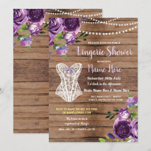 Corset Lingerie Shower Wood Flowers Invite Purple