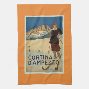 Cortina D'Ampezzo Vintage Skiing Poster Tea Towel