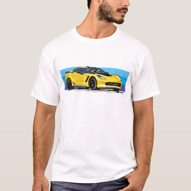 Corvette C7 Yellow Sportscar with Blue Stripe  T-Shirt (Front)