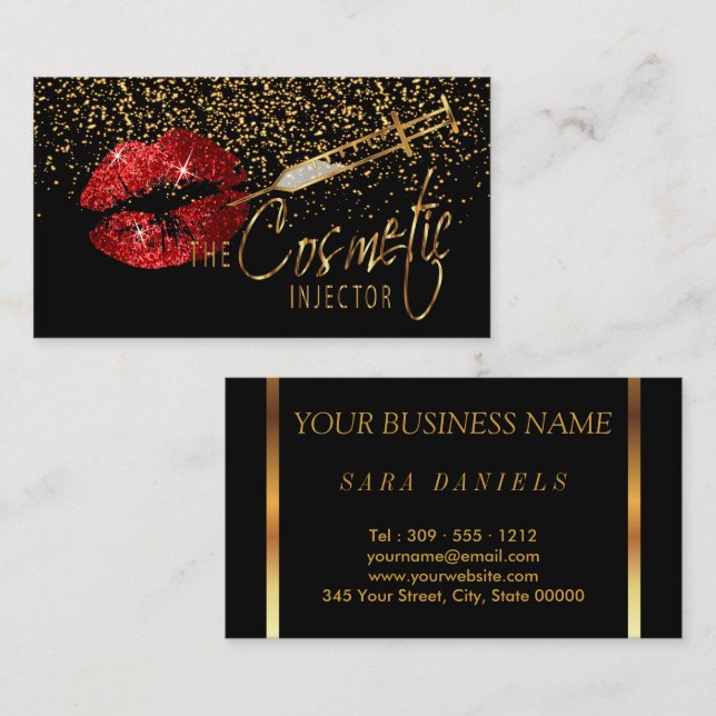 Cosmetic Injector with Gold Confetti & Red Lips Business Card (Front/Back)