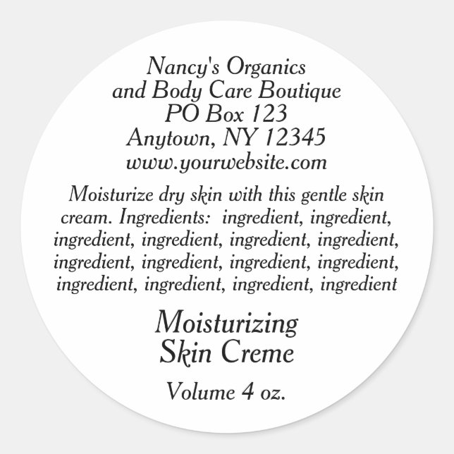 Cosmetic Label with Ingredients - white with black (Front)
