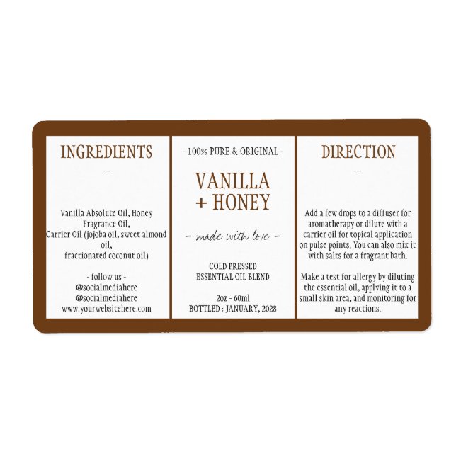 Cosmetic Vanilla Honey Ingredients brown (Front)