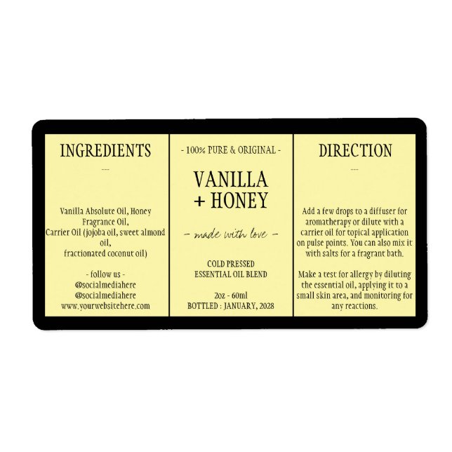 Cosmetic Vanilla Honey Ingredients yellow (Front)