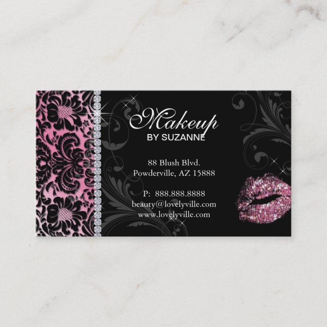 Cosmetologist Business Card Floral Glitter Pink (Front)