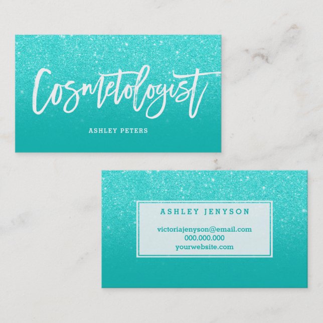 Cosmetologist elegant typography faux aqua glitter business card (Front/Back)