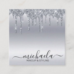 Cosmetologist Makeup Artist Silver Glitter Drip Square Business Card