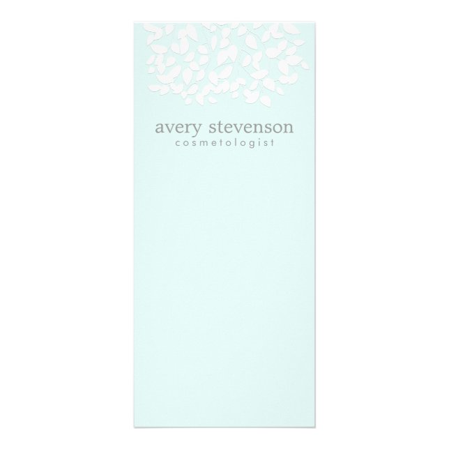 Cosmetologist Pretty White Leaves Light Aqua Blue Rack Card (Front)