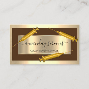 Cosmetologist Syringe Botox B12 QRCode Brown Gold Business Card