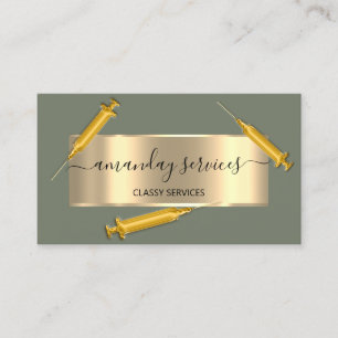 Cosmetologist Syringe Botox B12 QRCode Mint Gold Business Card