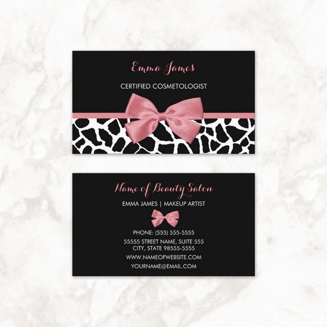Cosmetologist Trendy Giraffe Print Rosy Pink Bow Business Card (Cosmetologist Trendy Giraffe Print Rosy Pink Bow Business Cards)