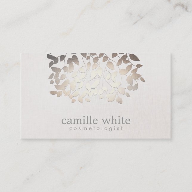 Cosmetology Faux Gold Foil Leaves Linen Look Business Card (Front)