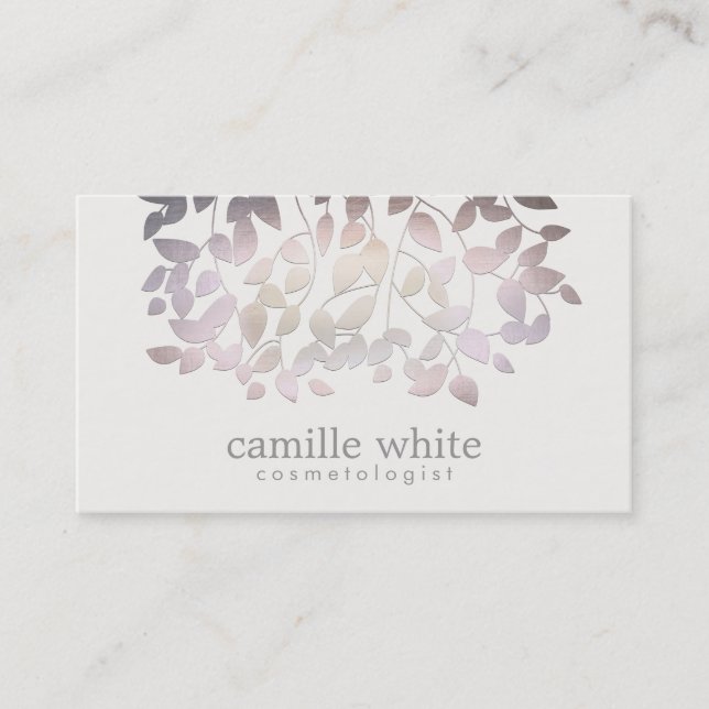 Cosmetology Faux  Purple Foil Leaves Linen Look Business Card (Front)