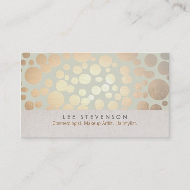 Cosmetology Gold Circles Pale Sage Green Business Card (Front)