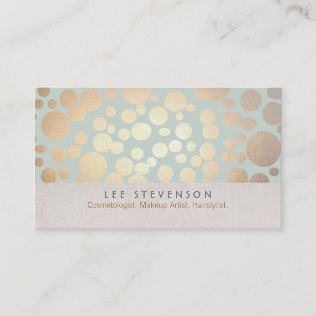 Cosmetology Gold Circles Pale Turquoise Linen Look Business Card (Front)