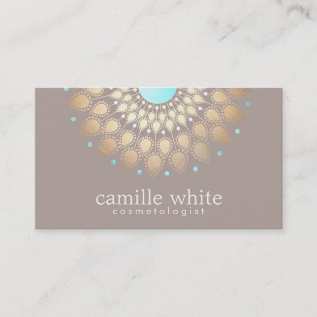 Cosmetology Gold Ornate Motif Taupe Mauve Business Card (Front)