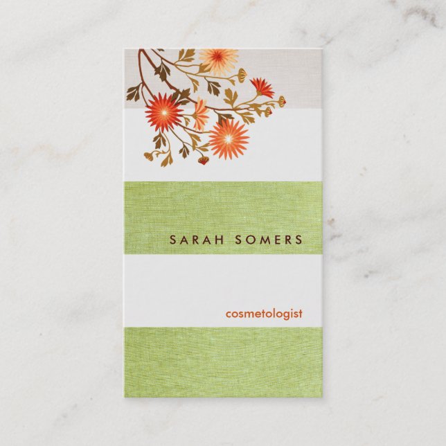 Cosmetology Green  Striped Linen Natural Beauty Business Card (Front)