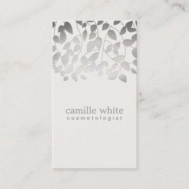 Cosmetology Silver Foil Embossed Look Leaves Grey Business Card (Front)