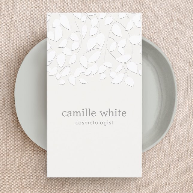 Cosmetology White Embossed Look Leaves Business Card (Creator Uploaded)