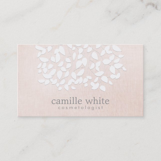 Cosmetology White Leaves Pink Linen Look Business Card (Front)