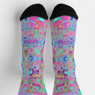 Cosmic Abstract Aqua and Hot Pink Retro Ripples Socks
