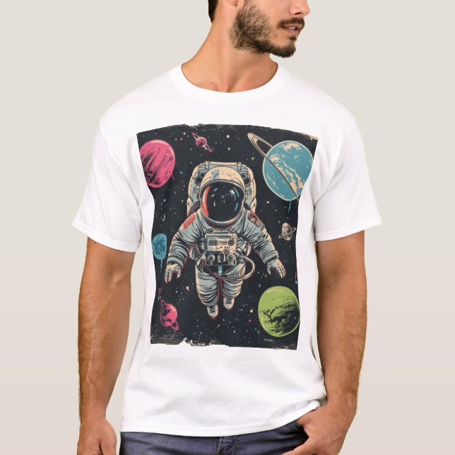 Cosmic Adventure: Astronaut in Colourful Space T-Shirt (Front)