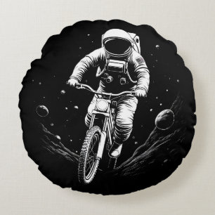 Cosmic Astronaut Bike Ride Space Adventure Round Cushion