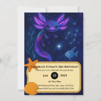 Cosmic Axolotl Among Stars Birthday Invitation