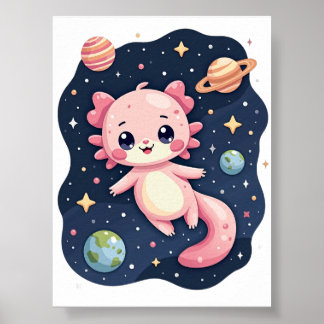 Cosmic Axolotl Space Galaxy Kawaii Sticker Poster