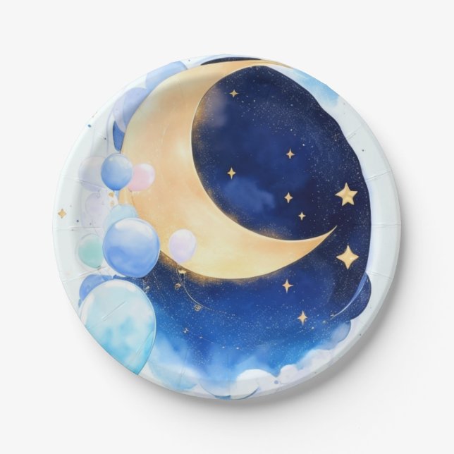 Cosmic Baby Shower Moon and Stars Inspired Paper Plate (Front)