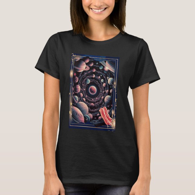 Cosmic Bacon Adventure Surreal Planets Art Space L T-Shirt (Front)