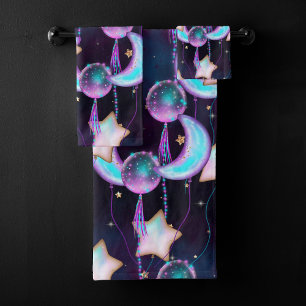 Cosmic Balloons   Blue Purple Moon Stars Planets Bath Towel Set