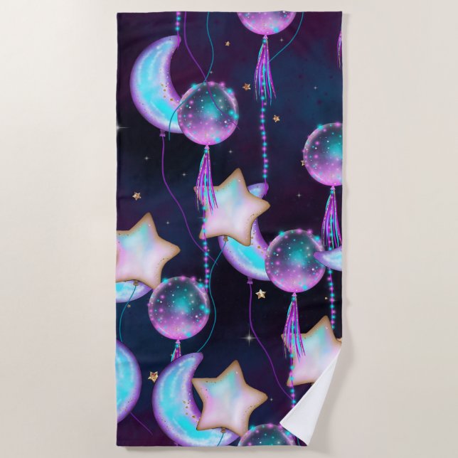 Cosmic Balloons | Blue Purple Moon Stars Planets Beach Towel (Front)