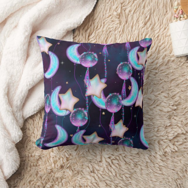 Cosmic Balloons | Blue Purple Moon Stars Planets Cushion (Blanket)