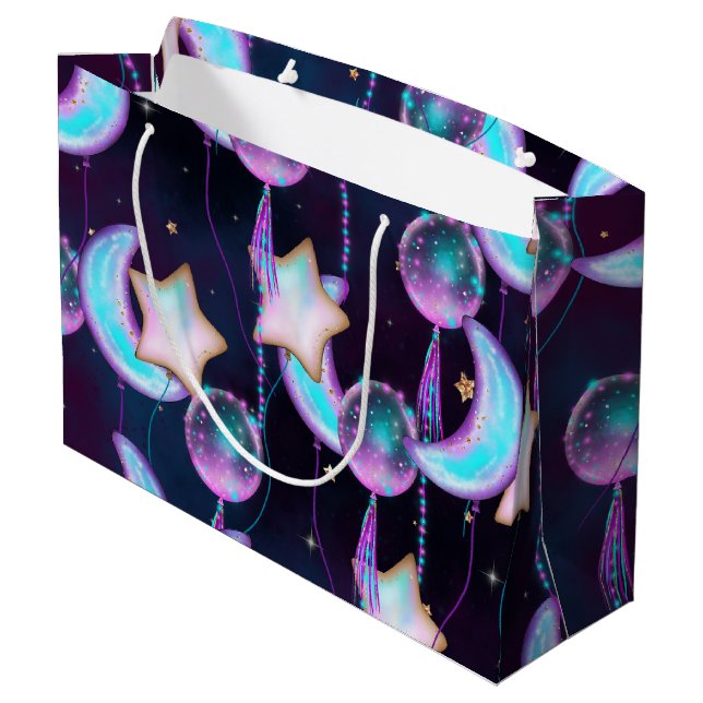 Cosmic Balloons | Blue Purple Moon Stars Planets Large Gift Bag (Back Angled)
