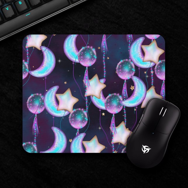 Cosmic Balloons | Blue Purple Moon Stars Planets Mouse Mat (Creator Uploaded)