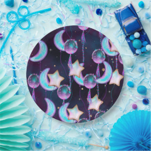 Cosmic Balloons   Blue Purple Moon Stars Planets Paper Plate