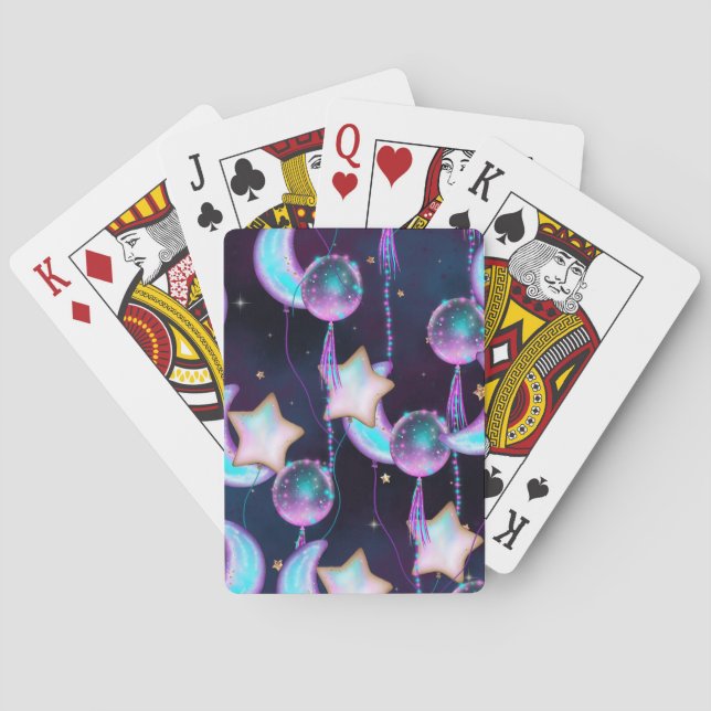 Cosmic Balloons | Blue Purple Moon Stars Planets Playing Cards (Back)