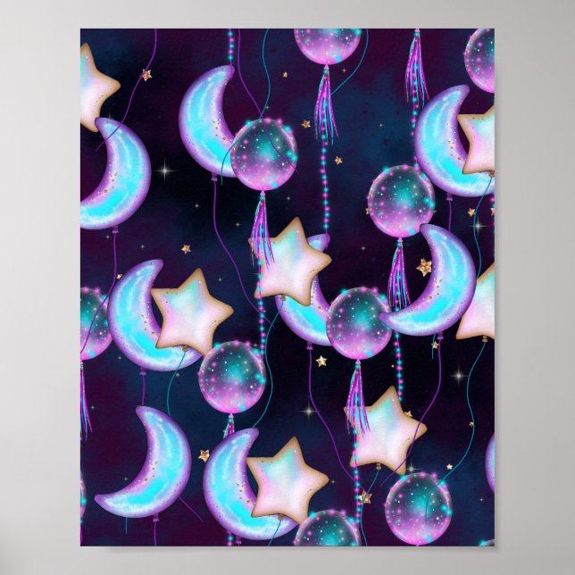 Cosmic Balloons | Blue Purple Moon Stars Planets Poster (Front)