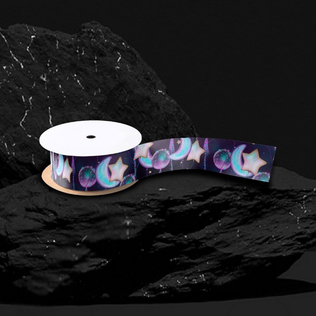 Cosmic Balloons | Blue Purple Moon Stars Planets Satin Ribbon (Creator Uploaded)