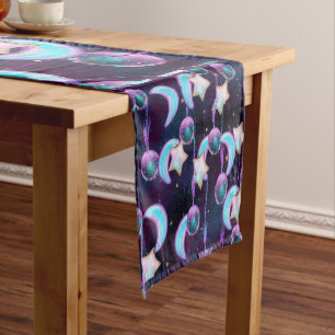 Cosmic Balloons   Blue Purple Moon Stars Planets Short Table Runner