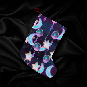 Cosmic Balloons   Blue Purple Moon Stars Planets Small Christmas Stocking