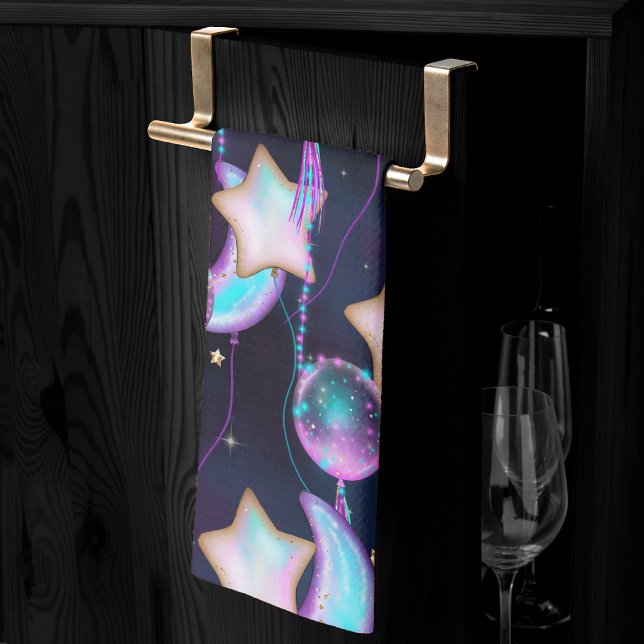 Cosmic Balloons | Blue Purple Moon Stars Planets Tea Towel (Creator Uploaded)