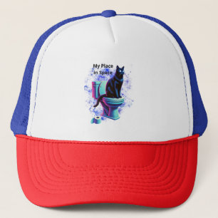 Cosmic Black Cat Toilet – Surreal Vaporwave Art Trucker Hat