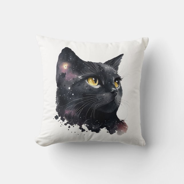 Cosmic Black Cat Watercolor Starry Night Feline Cushion (Front)