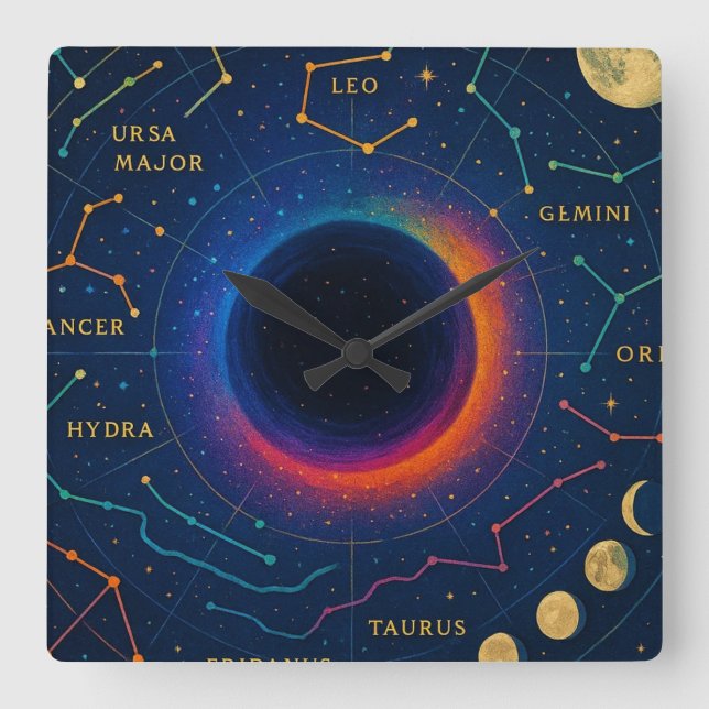 Cosmic Black Hole & Constellations Art - Celestial Square Wall Clock (Front)