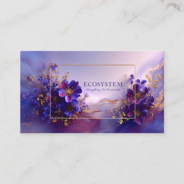 Cosmic Bloom Purple and Gold Abstract Business Card (Front)