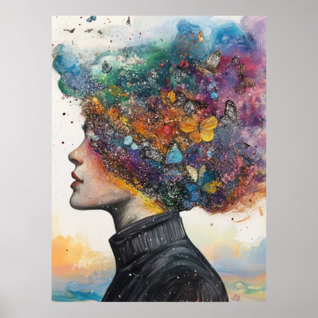 Cosmic Bloom – Whimsical Butterfly-Haired Woman Poster (Front)