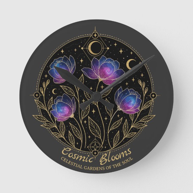 Cosmic Blooms – Celestial Floral (NO NUMBERS) Round Clock (Front)