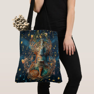 Cosmic Blue and Gold Violin Large Shoulder Tote