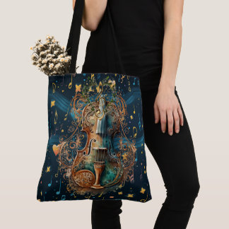 Cosmic Blue and Gold Violin Large Shoulder Tote Bag